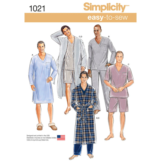 Simplicity S1021 sewing pattern envelope showing men's sleepwear and robe
