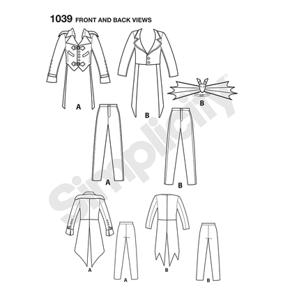 Simplicity S1039 sewing pattern envelope showing men's steampunk and skeleton tailcoat costumes