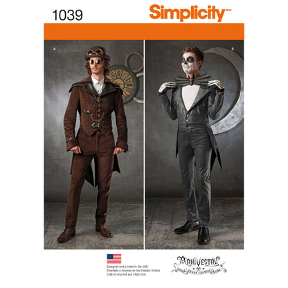 Simplicity S1039 sewing pattern envelope showing men's steampunk and skeleton tailcoat costumes