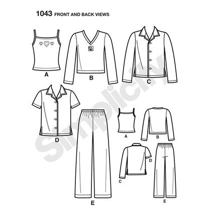 Simplicity S1043 sewing pattern envelope showing girls' sleepwear