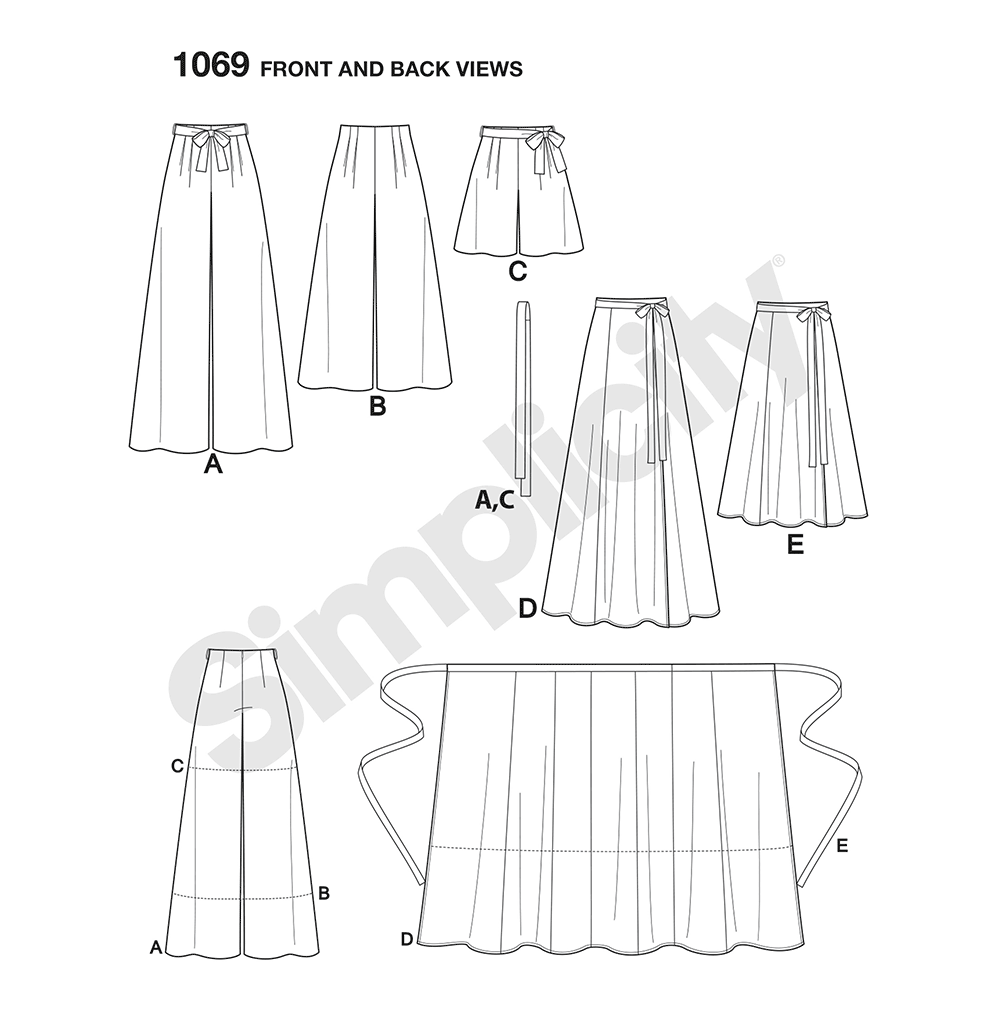 Simplicity S1069 sewing pattern envelope showing wide-leg trousers and shorts