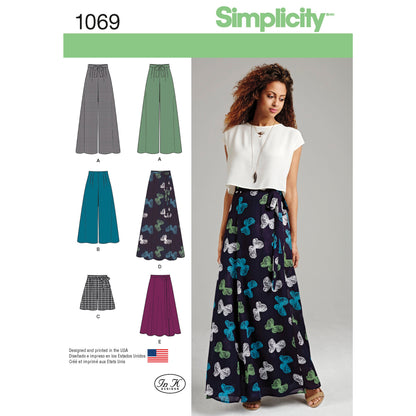 Simplicity S1069 sewing pattern envelope showing wide-leg trousers and shorts