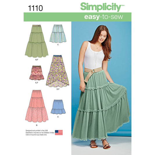 Simplicity S1110 sewing pattern envelope showing tiered skirts