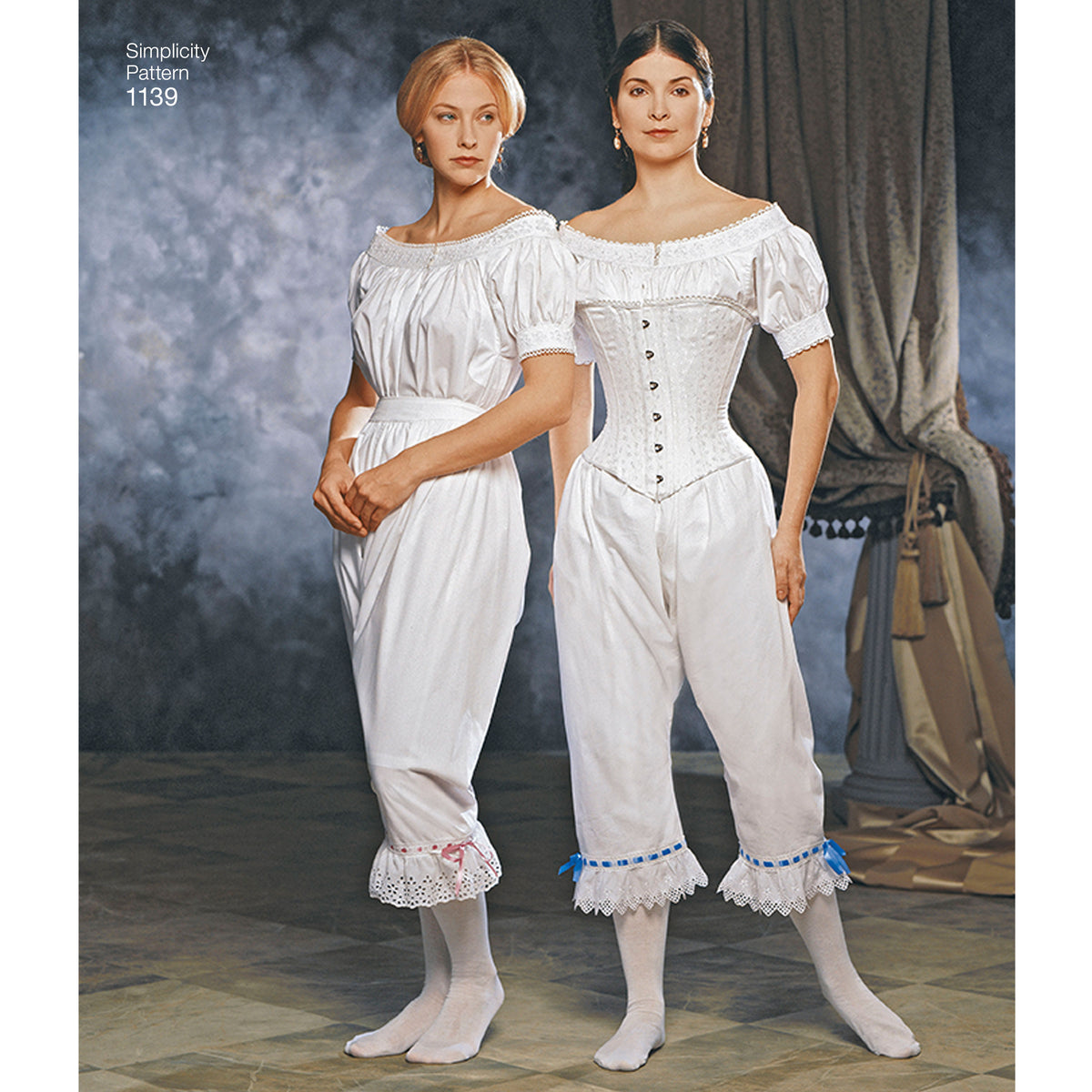 Simplicity S1139 sewing pattern envelope showing Victorian chemise, drawers and corset