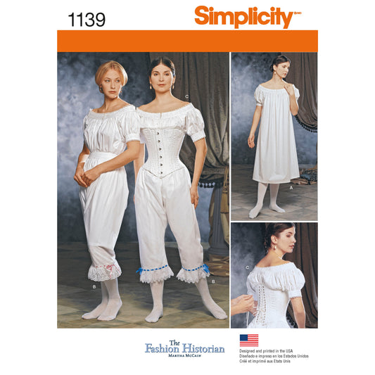 Simplicity S1139 sewing pattern envelope showing Victorian chemise, drawers and corset
