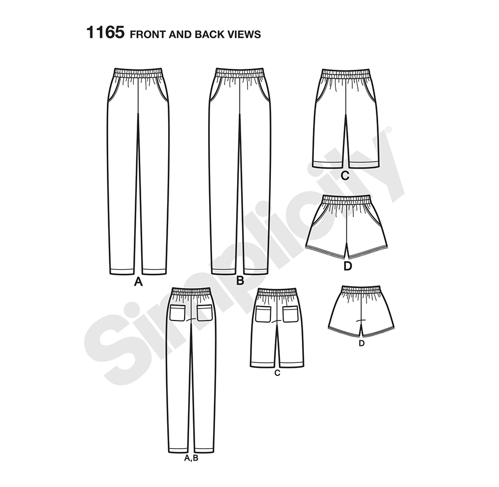 Simplicity S1165 sewing pattern envelope showing slim trousers and shorts