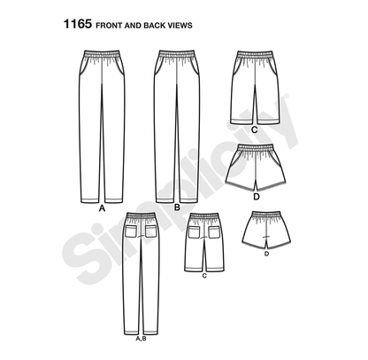 Simplicity S1165 sewing pattern envelope showing slim trousers and shorts