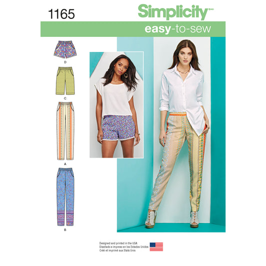 Simplicity S1165 sewing pattern envelope showing slim trousers and shorts