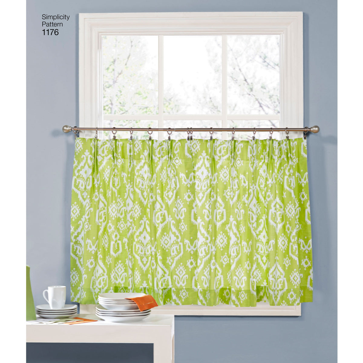 Simplicity S1176 sewing pattern envelope showing cafe and full-length curtains