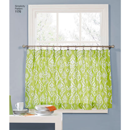 Simplicity S1176 sewing pattern envelope showing cafe and full-length curtains