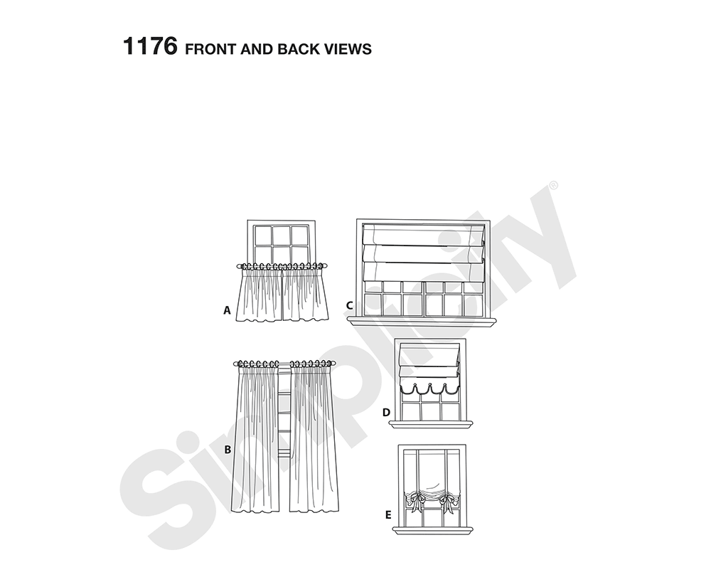 Simplicity S1176 sewing pattern envelope showing cafe and full-length curtains