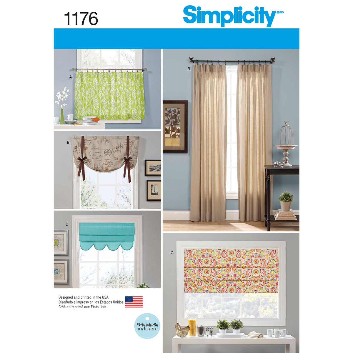 Simplicity S1176 sewing pattern envelope showing cafe and full-length curtains