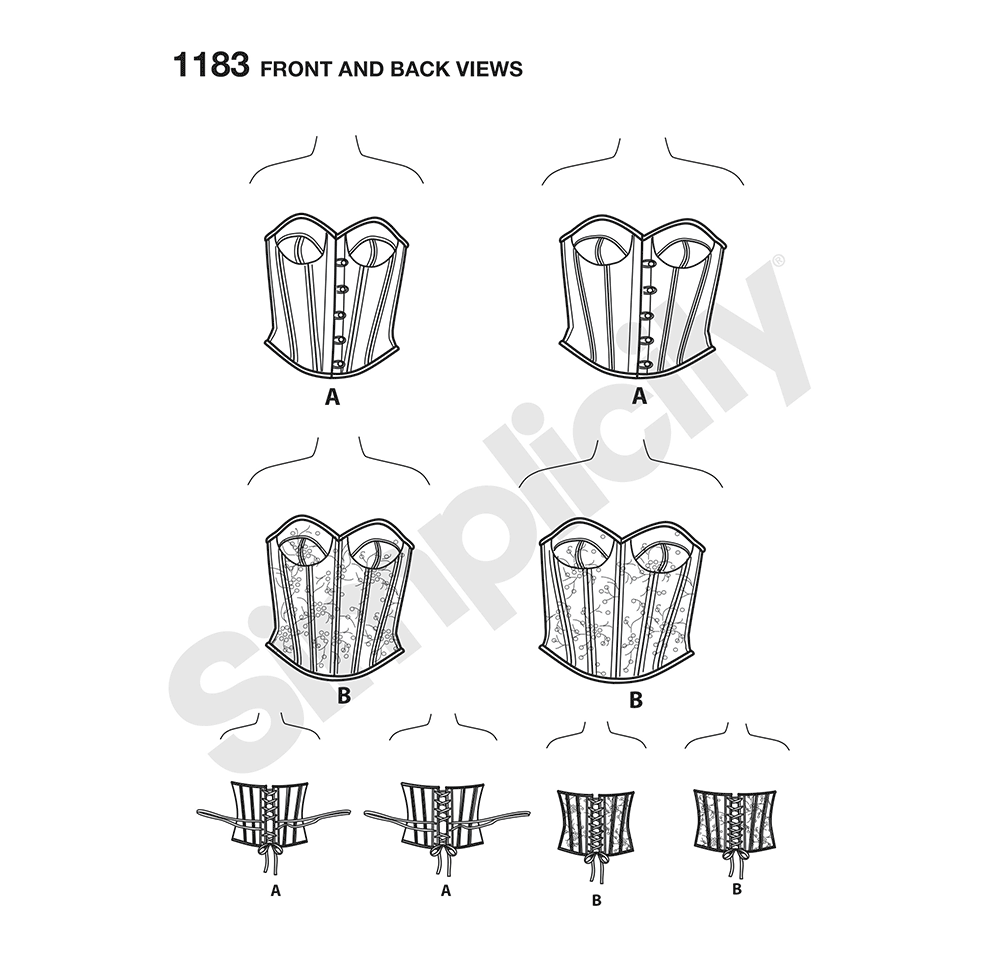 Simplicity S1183 sewing pattern envelope showing two lace-up corsets