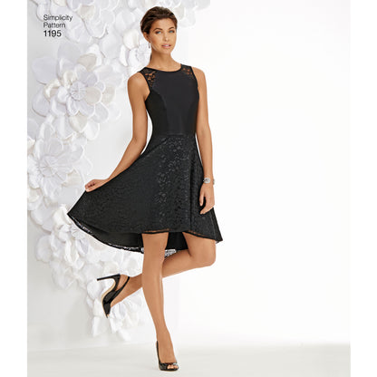 Simplicity S1195 sewing pattern envelope showing a floor length and a knee length occasion dress