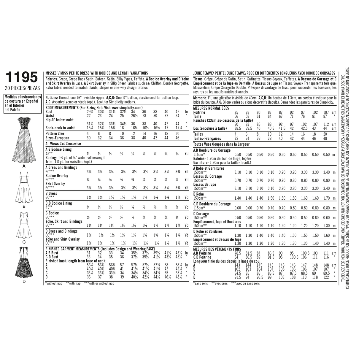 Simplicity S1195 sewing pattern envelope showing a floor length and a knee length occasion dress