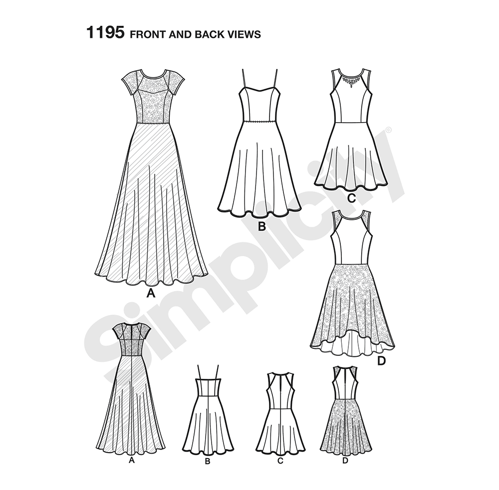 Simplicity S1195 sewing pattern envelope showing a floor length and a knee length occasion dress