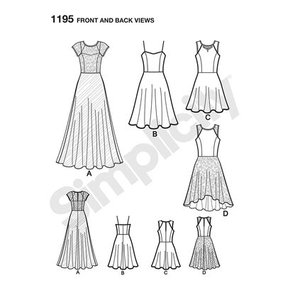 Simplicity S1195 sewing pattern envelope showing a floor length and a knee length occasion dress