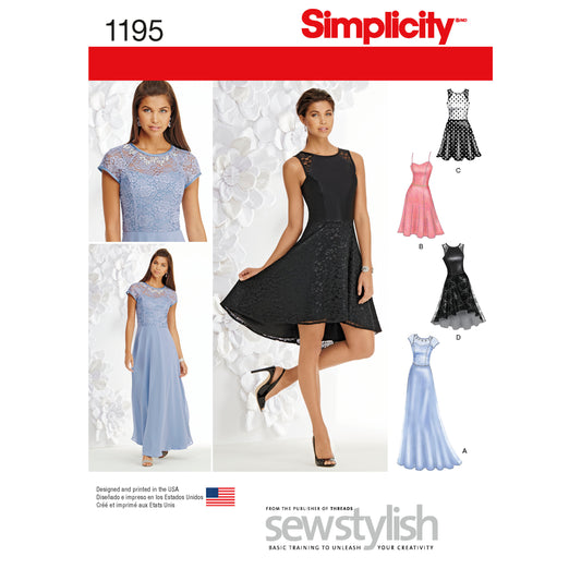 Simplicity S1195 sewing pattern envelope showing a floor length and a knee length occasion dress
