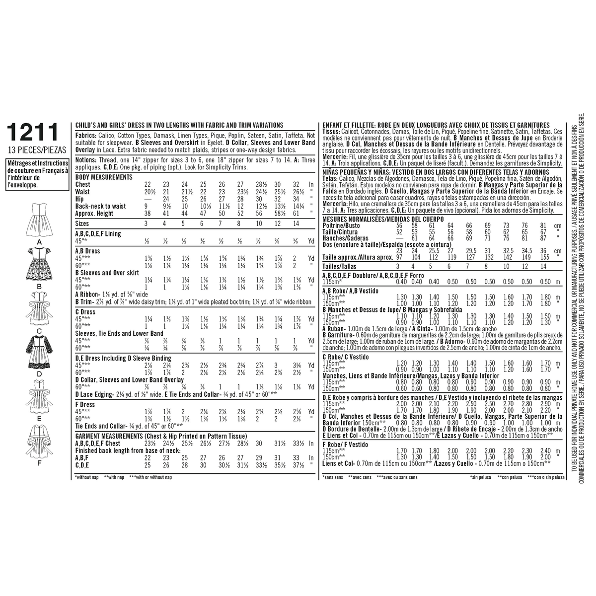 Simplicity S1211 sewing pattern envelope showing girls' dresses