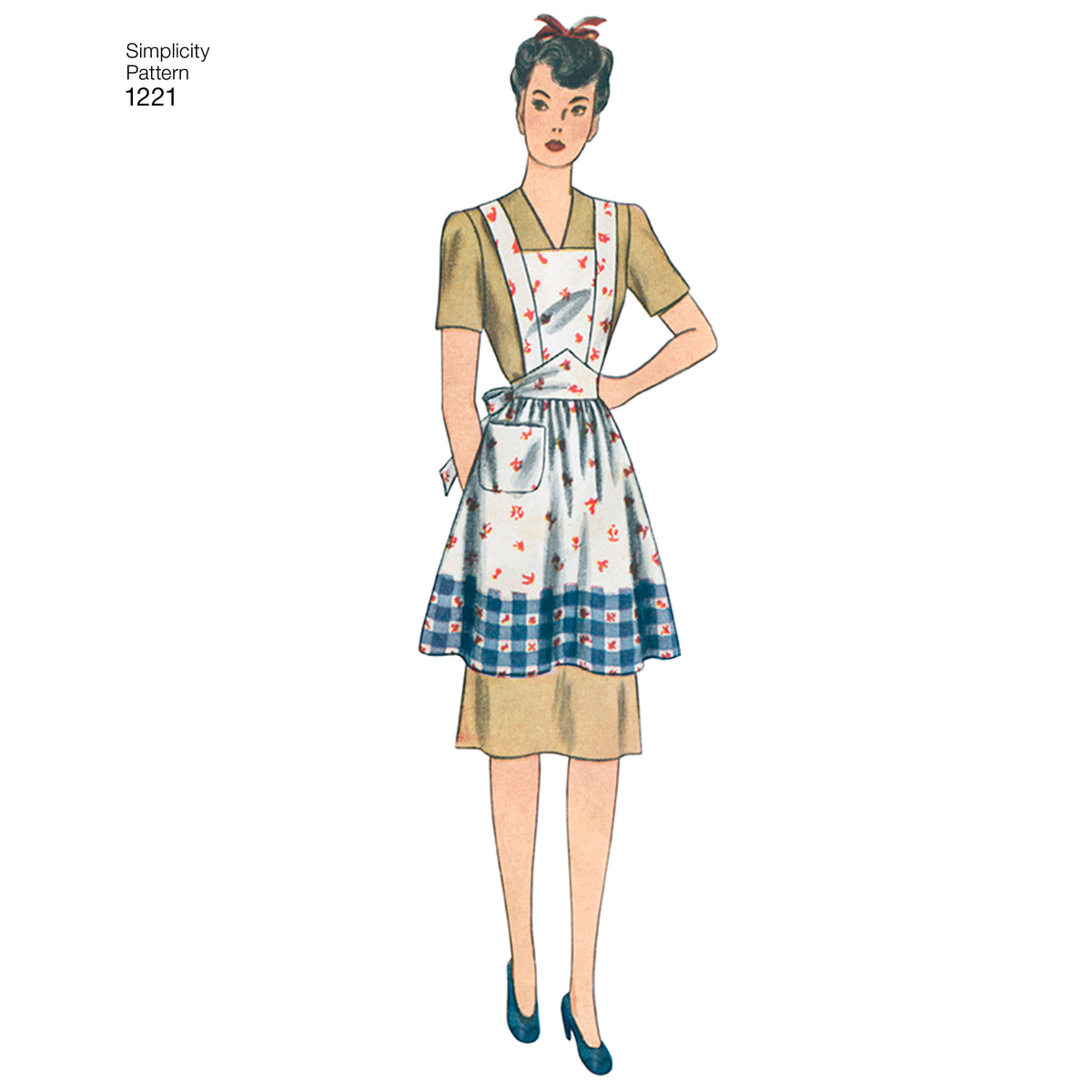 Simplicity 1221 pattern envelope showing vintage-style aprons