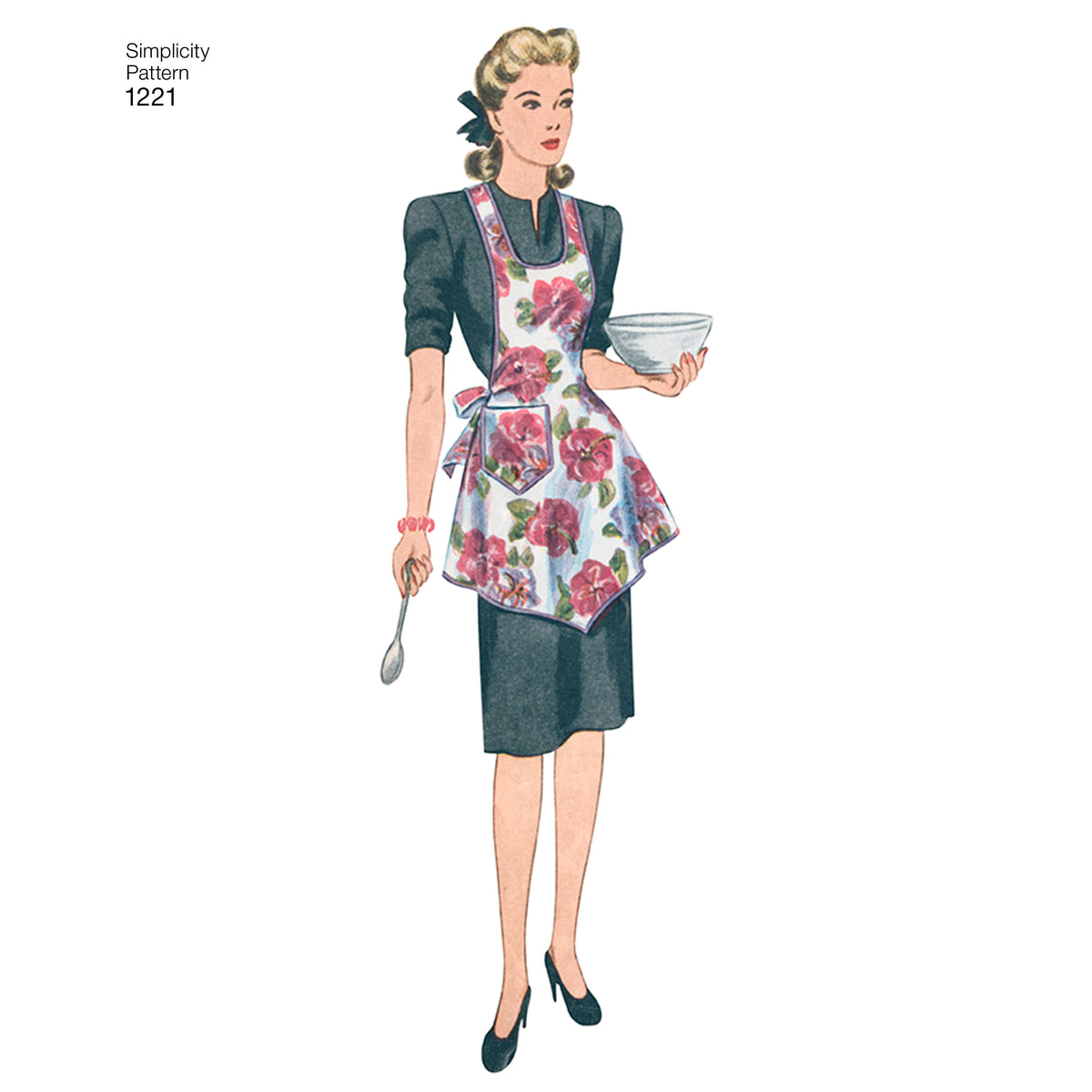 Simplicity 1221 pattern envelope showing vintage-style aprons