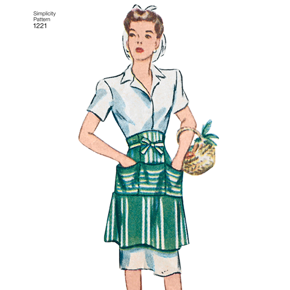 Simplicity 1221 pattern envelope showing vintage-style aprons