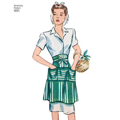 Simplicity 1221 pattern envelope showing vintage-style aprons