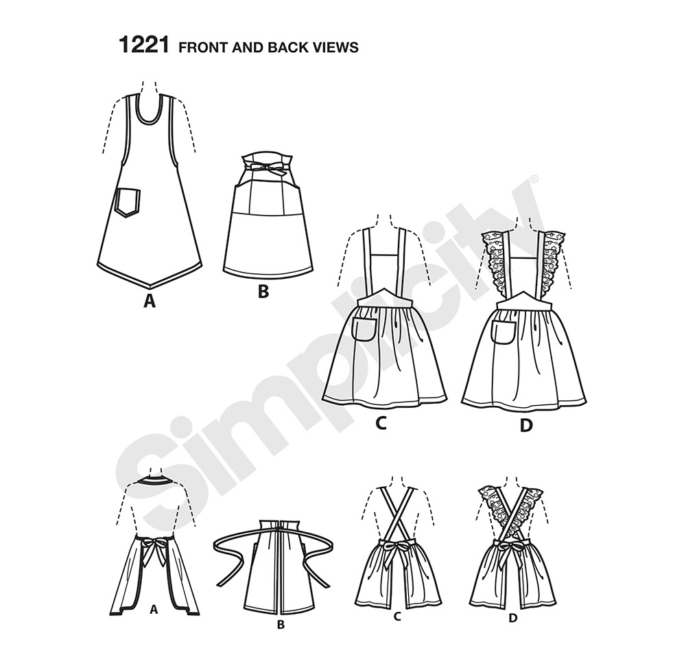 Simplicity 1221 pattern envelope showing vintage-style aprons