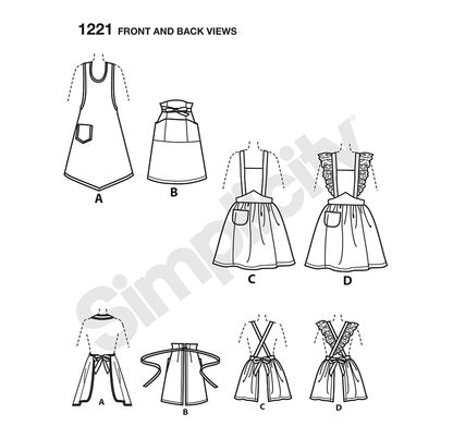 Simplicity 1221 pattern envelope showing vintage-style aprons