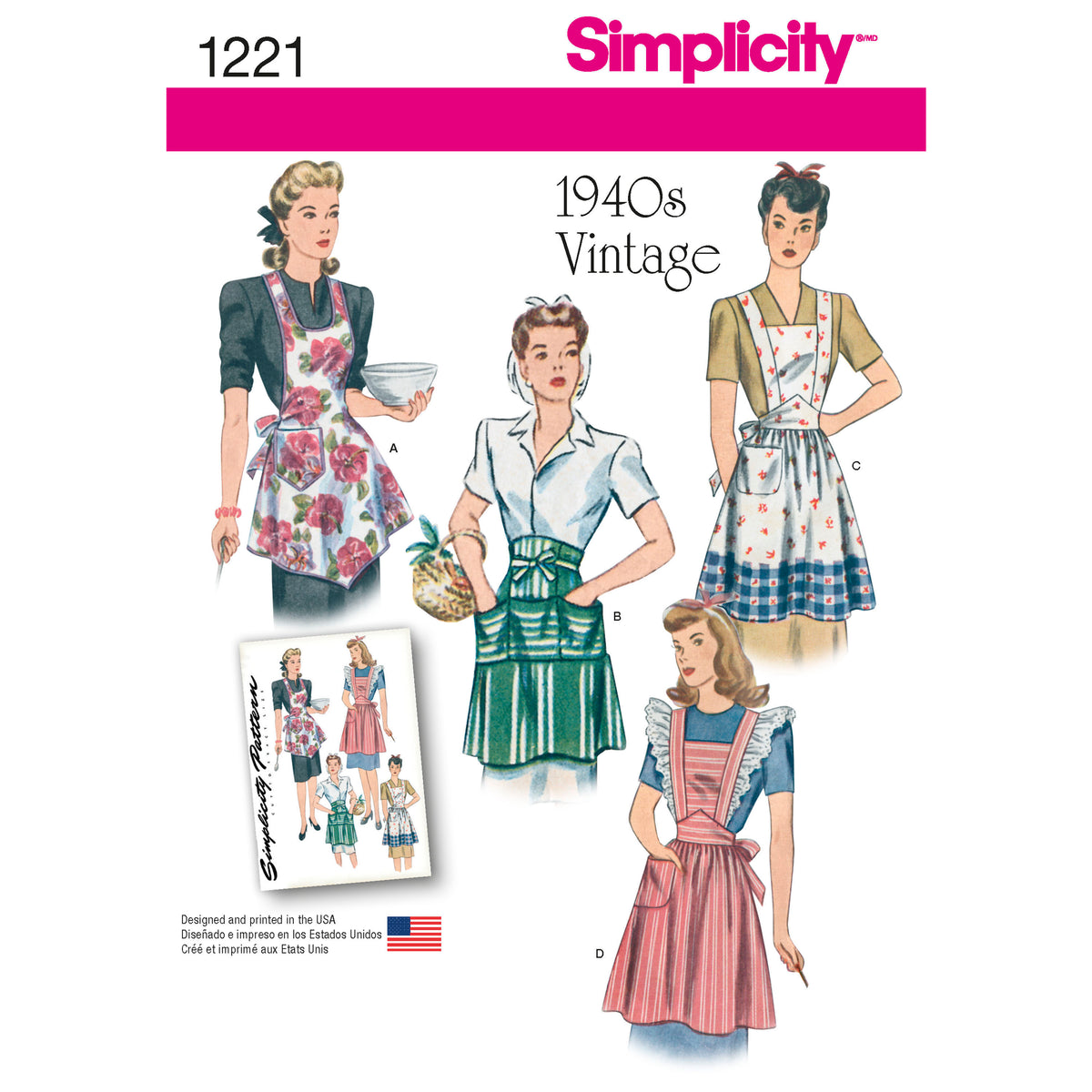 Simplicity 1221 pattern envelope showing vintage-style aprons