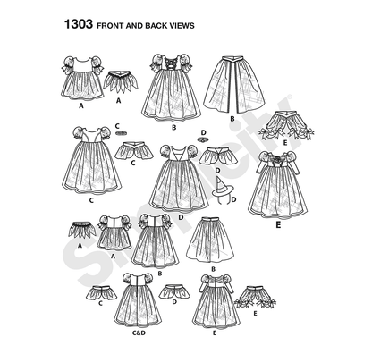 Simplicity 1303 pattern envelope showing children in princess, fairy and witch costumes