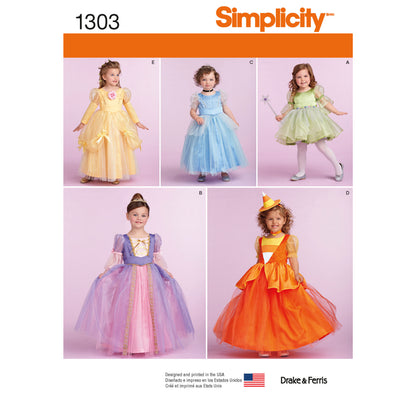 Simplicity 1303 pattern envelope showing children in princess, fairy and witch costumes