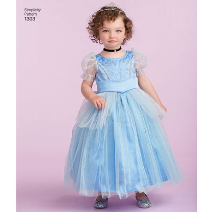 Simplicity 1303 pattern envelope showing children in princess, fairy and witch costumes