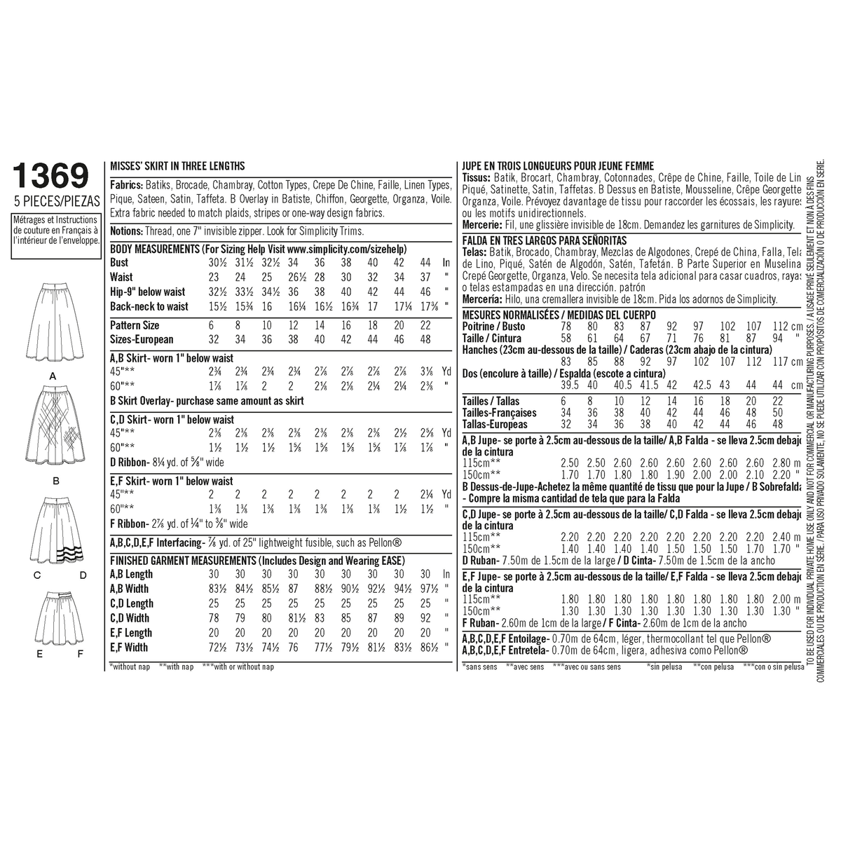 Simplicity 1369 pattern envelope showing skirts and trousers