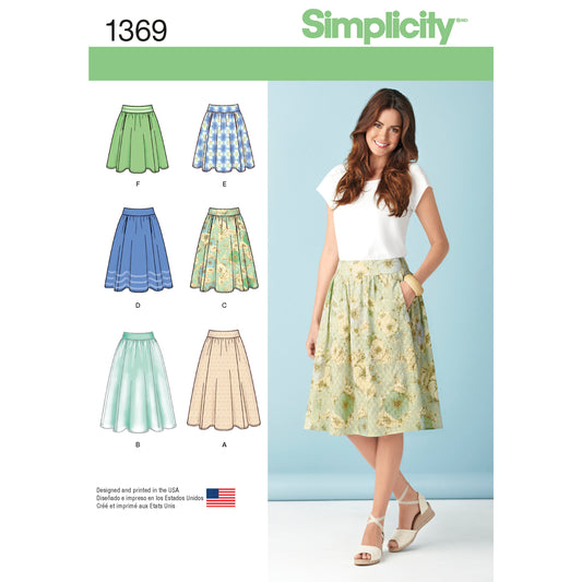 Simplicity 1369 pattern envelope showing skirts and trousers
