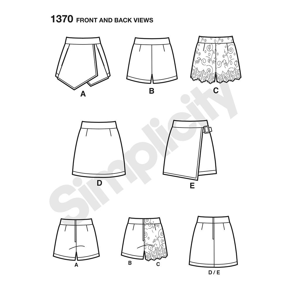 Simplicity 1370 pattern envelope showing skorts, shorts and mini skirts