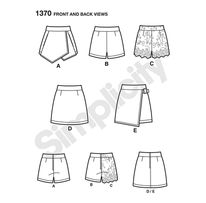 Simplicity 1370 pattern envelope showing skorts, shorts and mini skirts