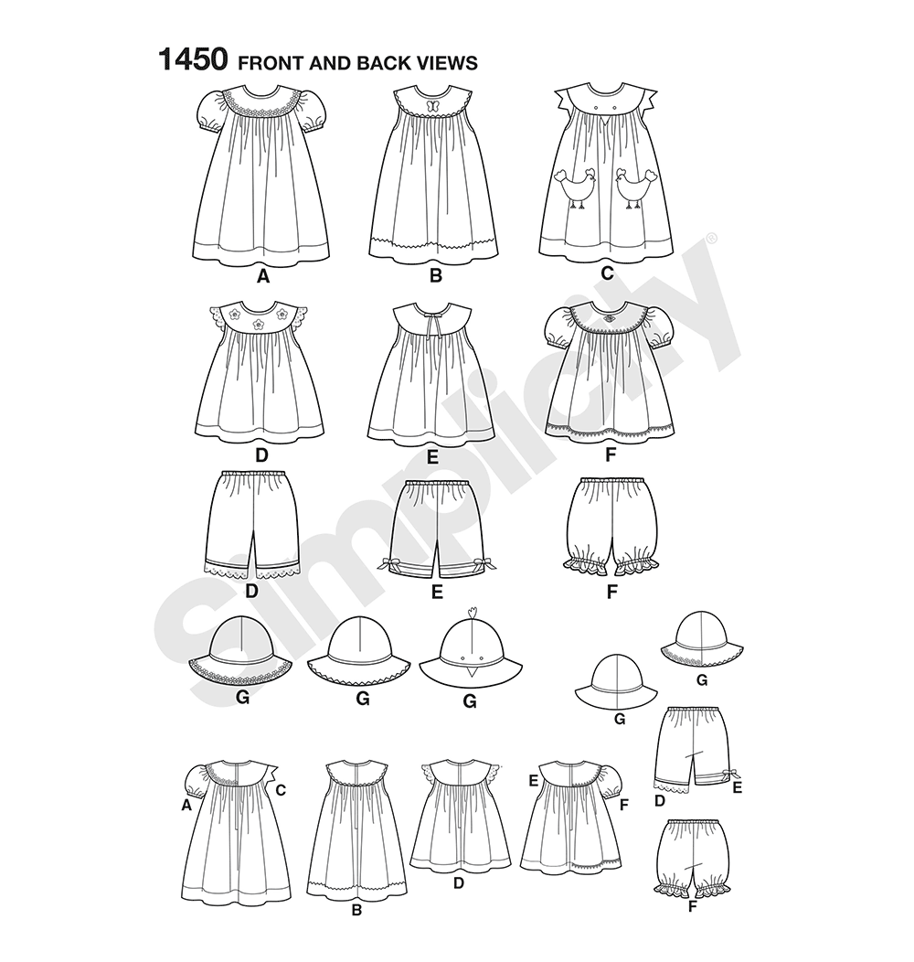 Simplicity 1450 pattern envelope showing toddler dresses and hats