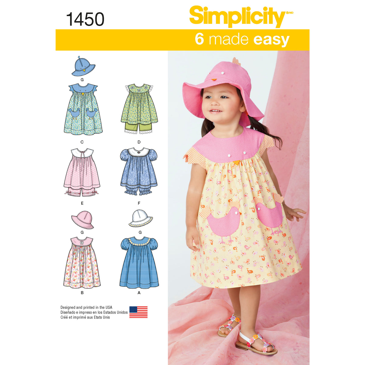 Simplicity 1450 pattern envelope showing toddler dresses and hats