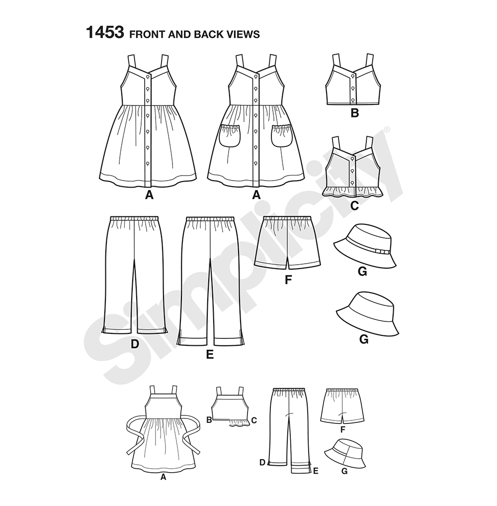 Simplicity 1453 pattern envelope showing children's casual summer clothes