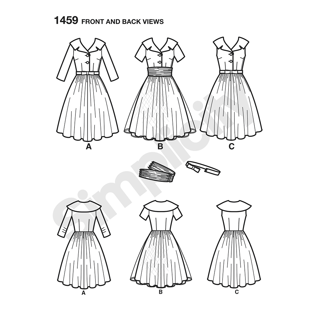 Simplicity 1459 pattern envelope showing 1950s-style dresses