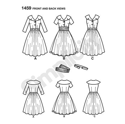 Simplicity 1459 pattern envelope showing 1950s-style dresses