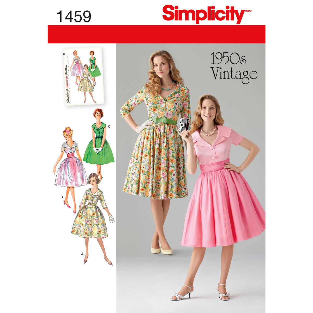 Simplicity 1459 pattern envelope showing 1950s-style dresses