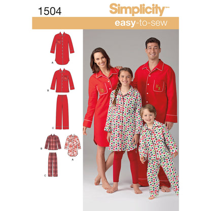 Simplicity 1504 pattern envelope showing family loungewear shirts and trousers