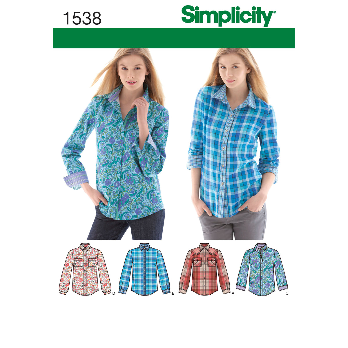 Simplicity 1538 pattern envelope showing women's tops
