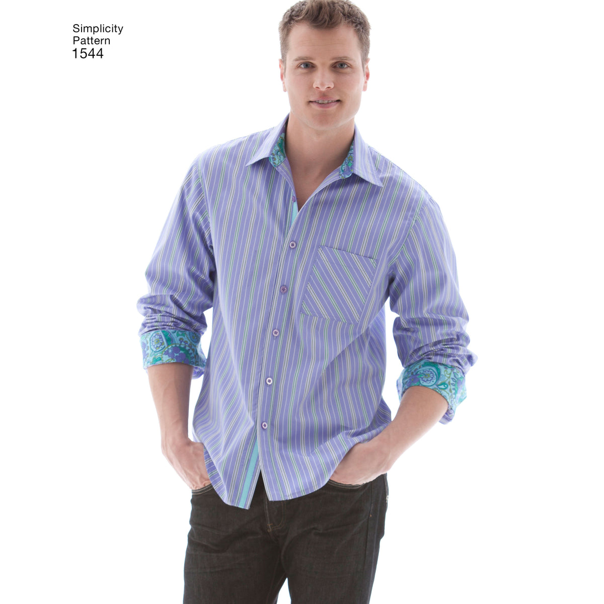 Simplicity 1544 pattern envelope showing men's button-front shirts