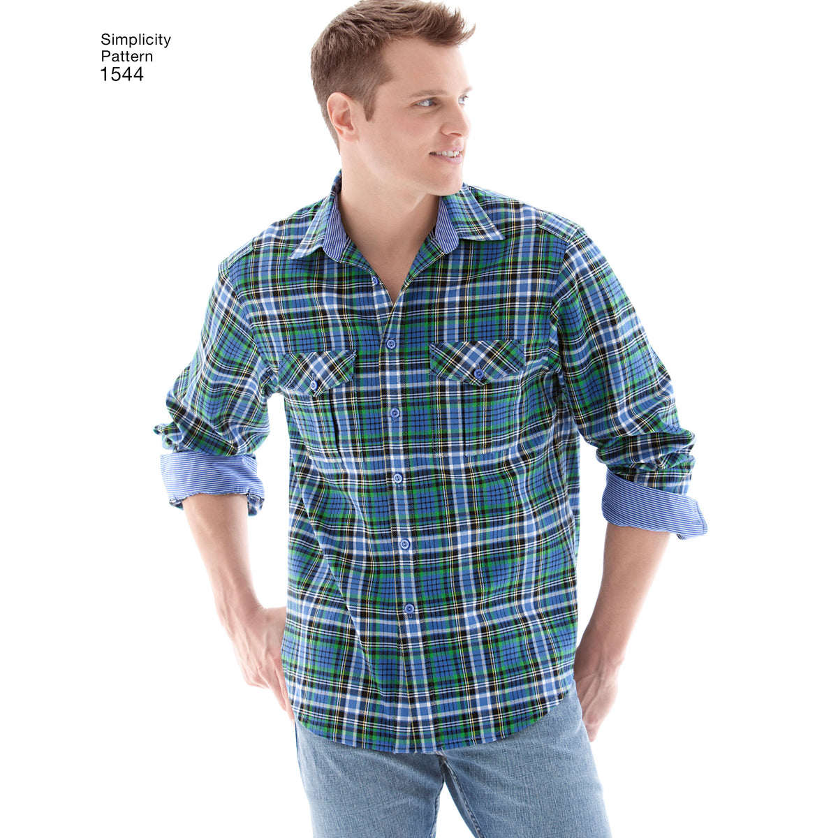 Simplicity 1544 pattern envelope showing men's button-front shirts