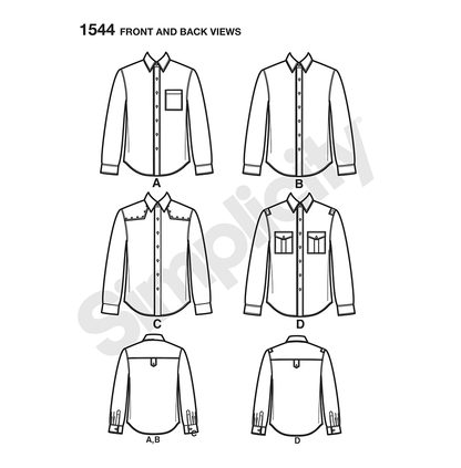 Simplicity 1544 pattern envelope showing men's button-front shirts