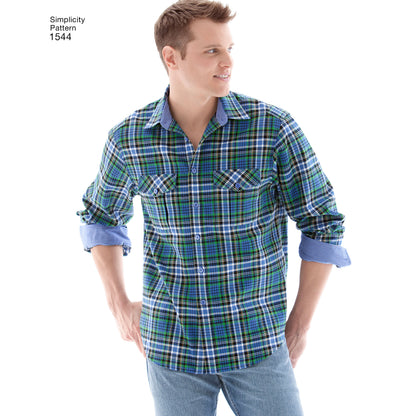 Simplicity 1544 pattern envelope showing men's button-front shirts