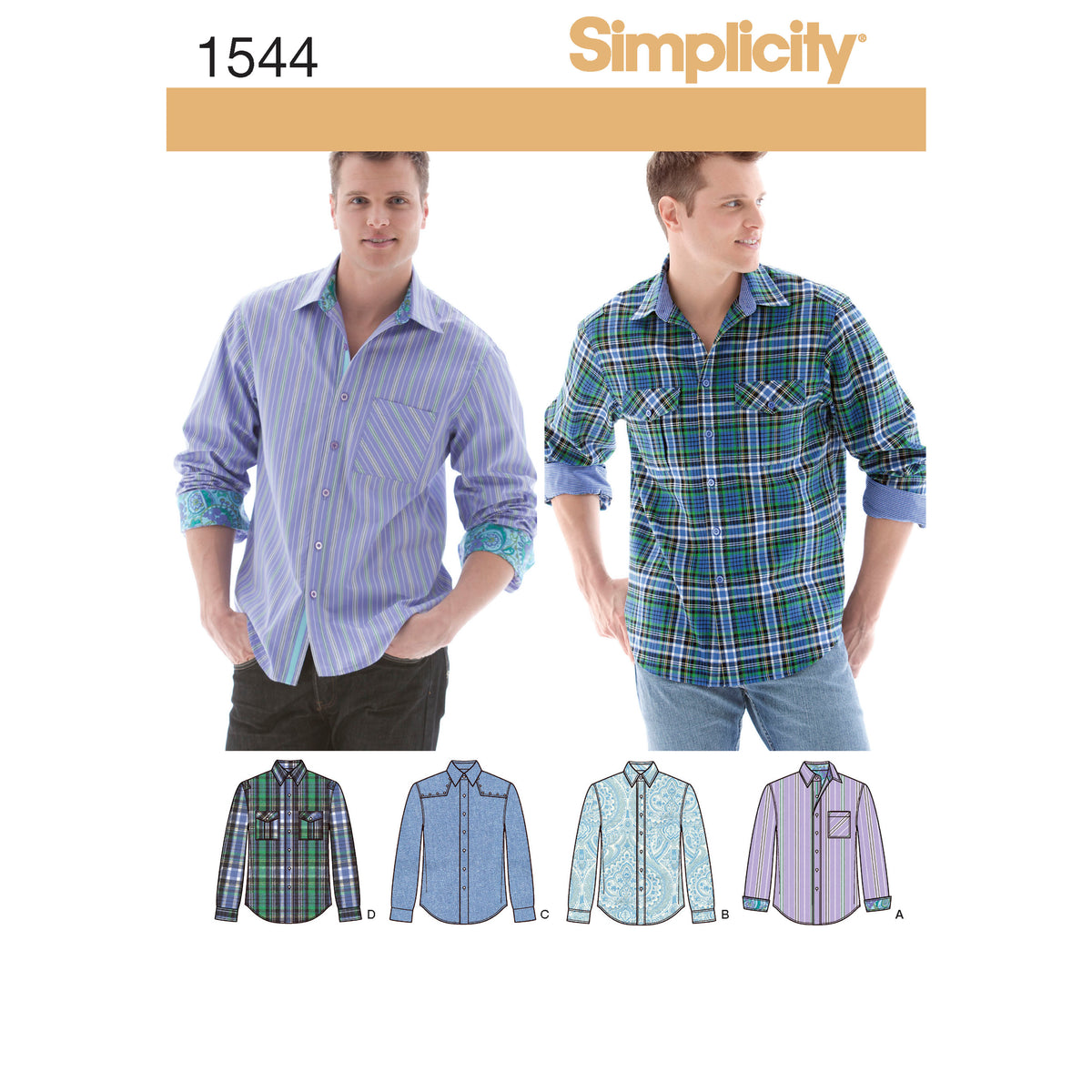 Simplicity 1544 pattern envelope showing men's button-front shirts